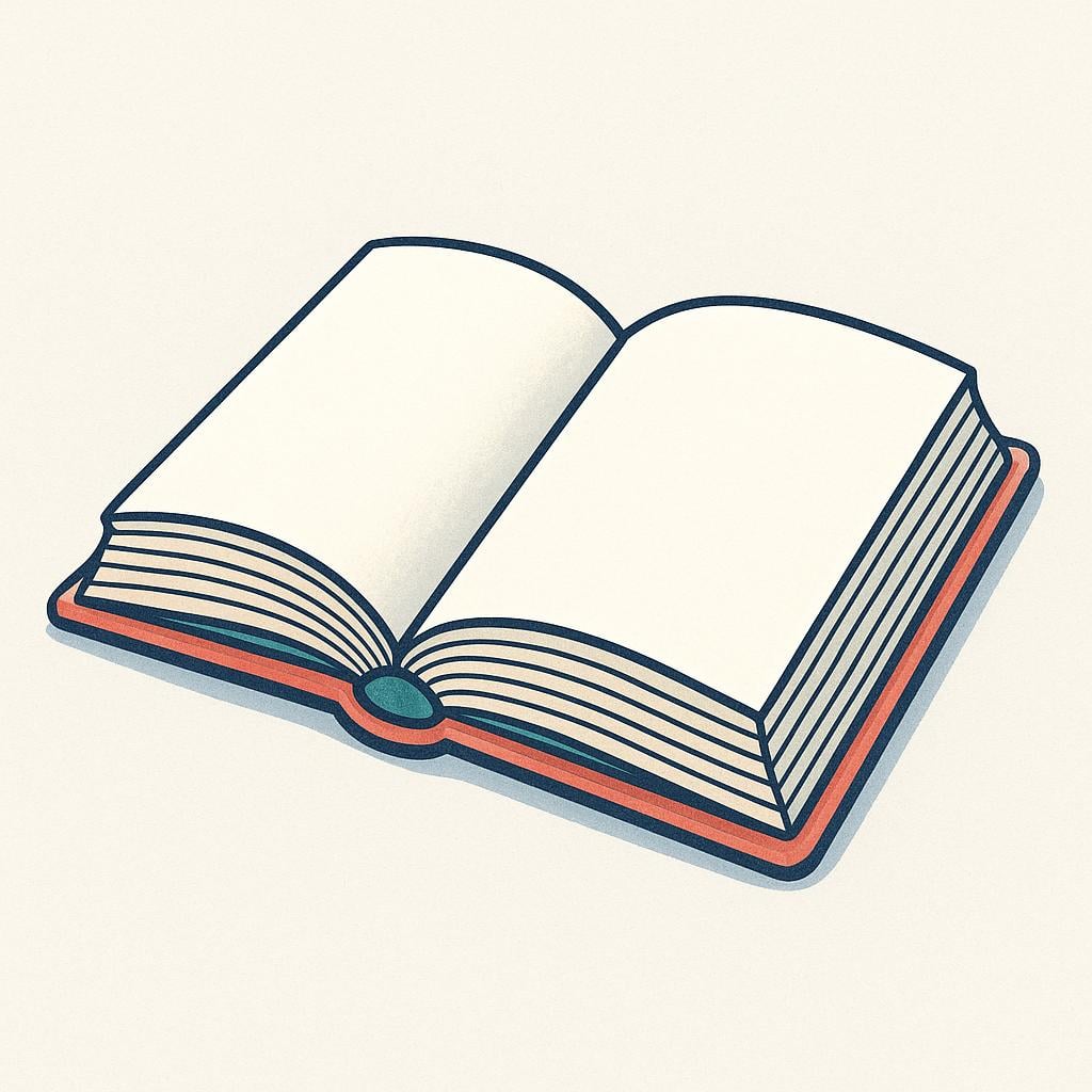 A simple illustration of a thick, open book resting flat, displaying many blank pages stacked inside.