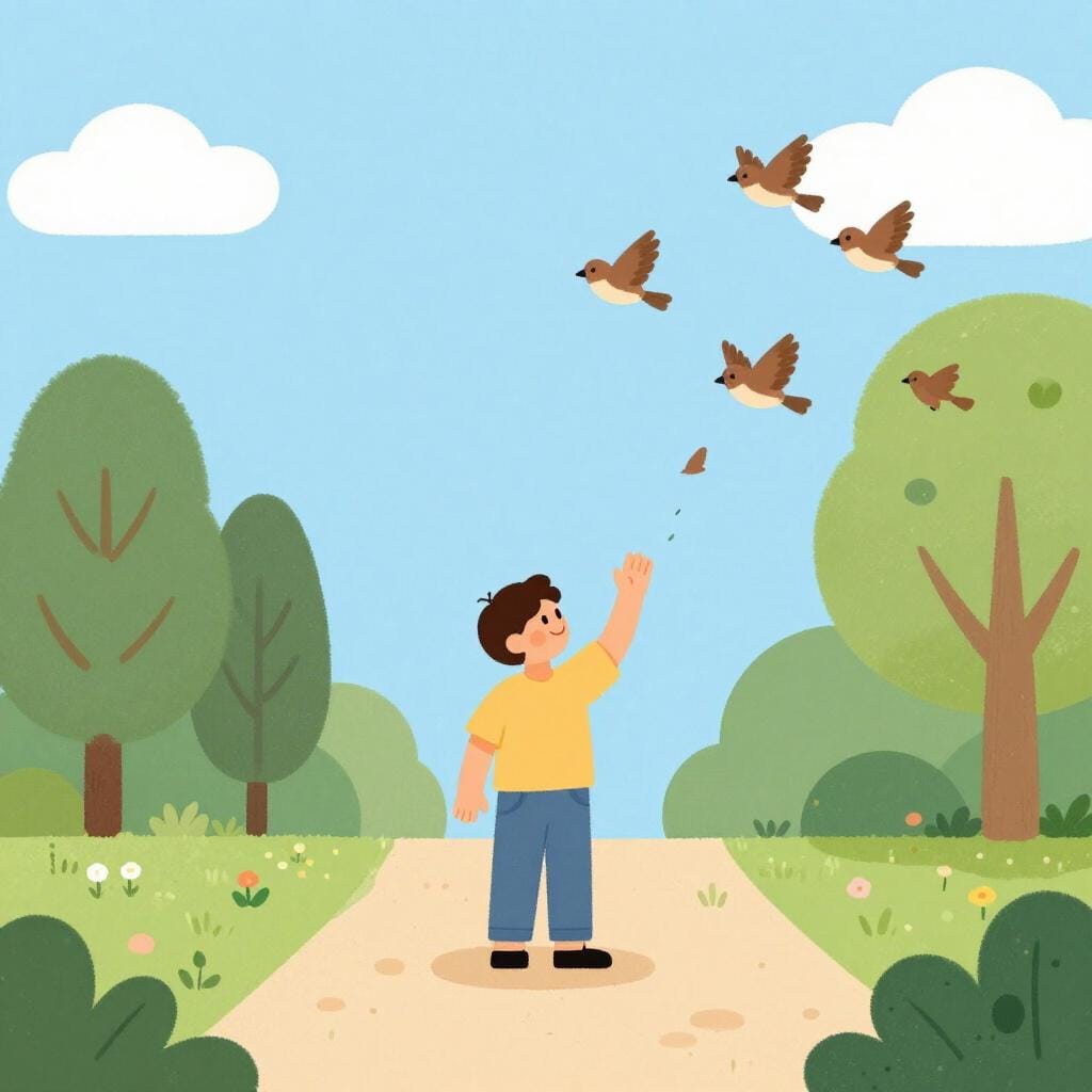 Une personne agitant les bras pour chasser un groupe de petits oiseaux d'un chemin de jardin.