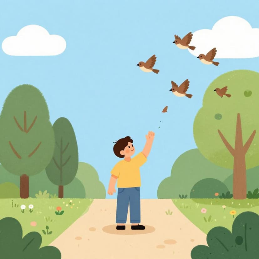 Een persoon die met zijn armen zwaait om een groep kleine vogels van een tuinpad weg te jagen.