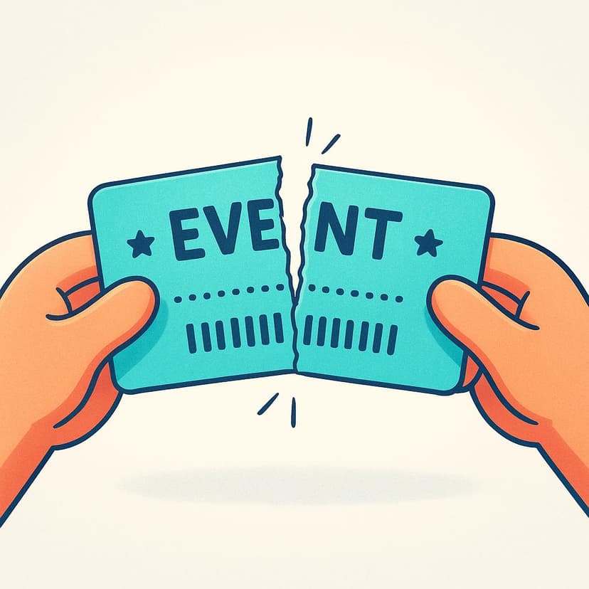 A colorful event ticket being ripped exactly in half, symbolizing the event's cancellation.