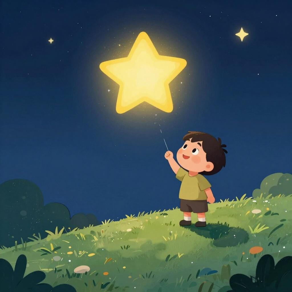 Un enfant debout sur une petite colline, regardant une étoile brillante dans le ciel avec un air de détermination et d'espoir.