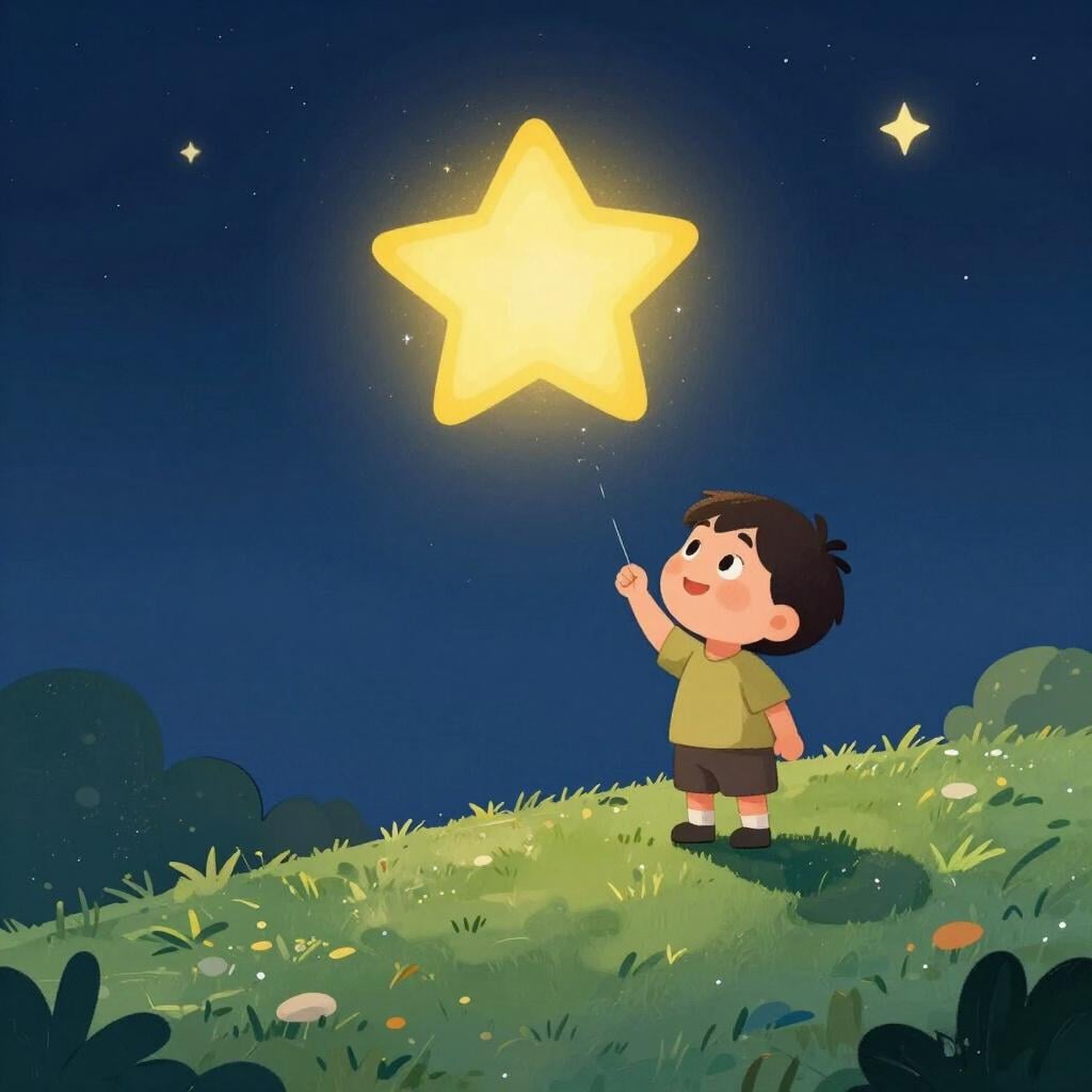 Un bambino in piedi su una piccola collina, che guarda una stella luminosa nel cielo con uno sguardo di determinazione e speranza.