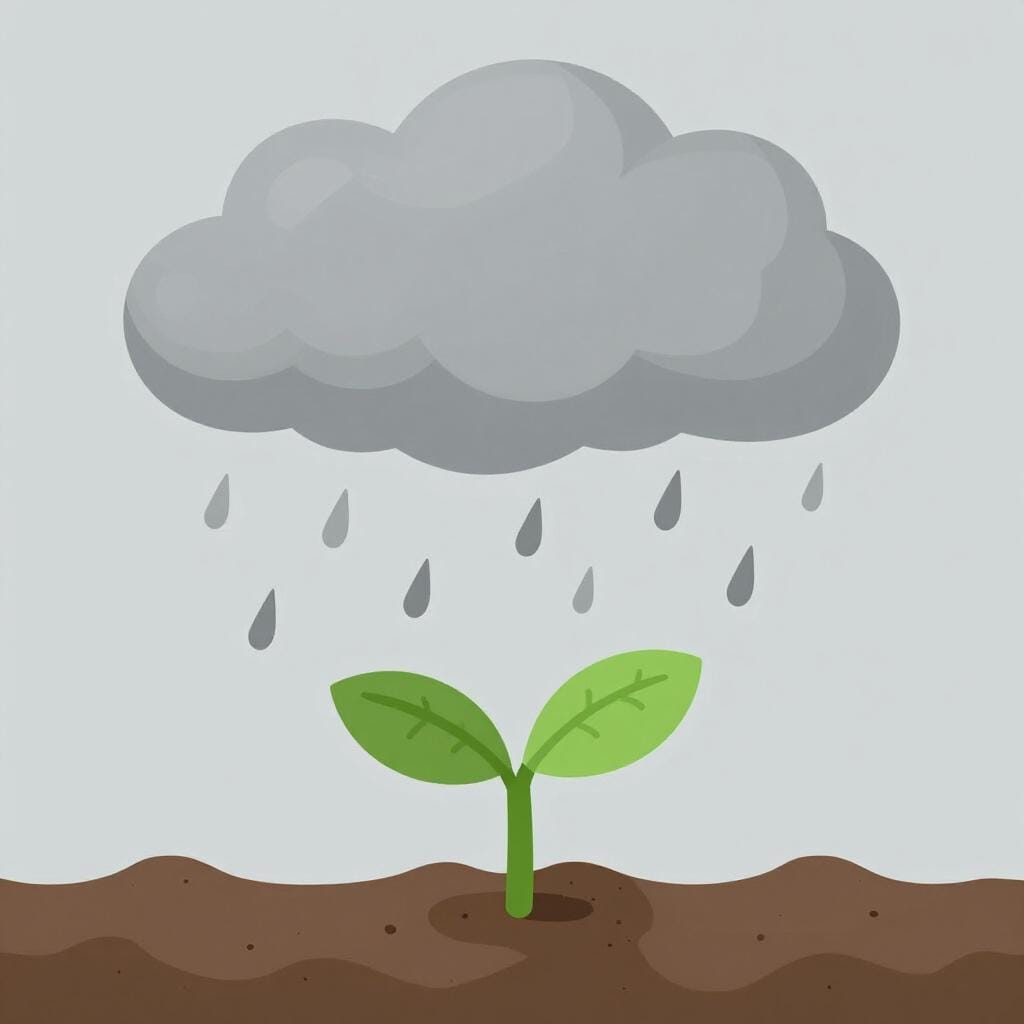 Dark storm clouds in the sky with rain falling onto a growing green sprout.