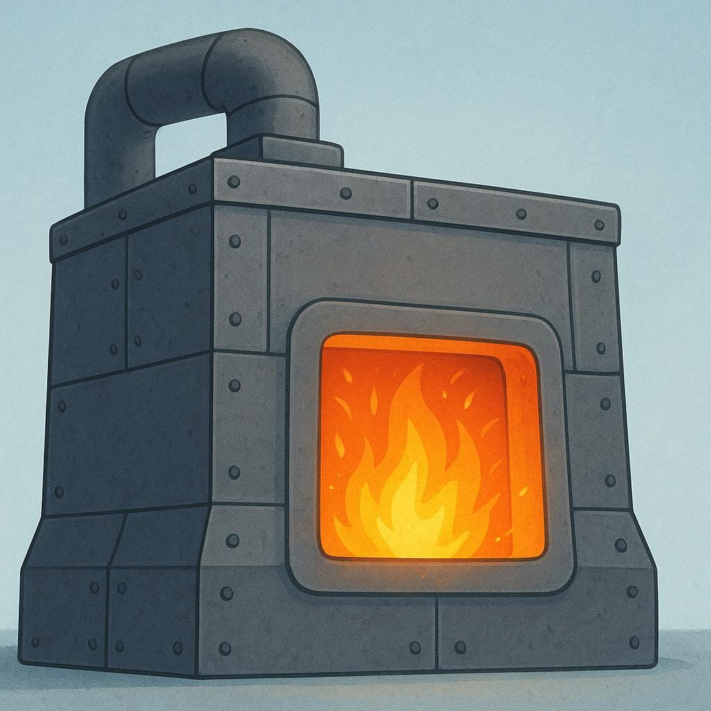 A large, heavy-duty industrial furnace structure, glowing intensely with orange and yellow light radiating from its central opening.