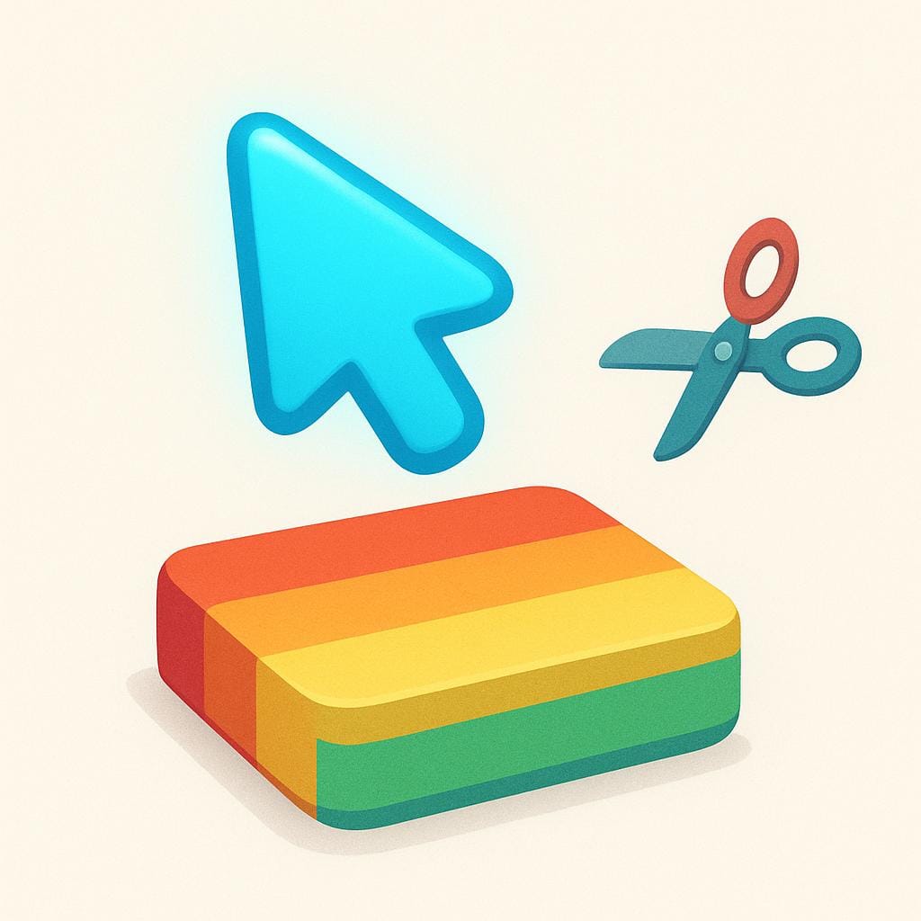 A stylized, glowing blue cursor hovering over a generic, colorful rectangular block, with a small pair of open scissors floating nearby, symbolizing a digital editing tool.