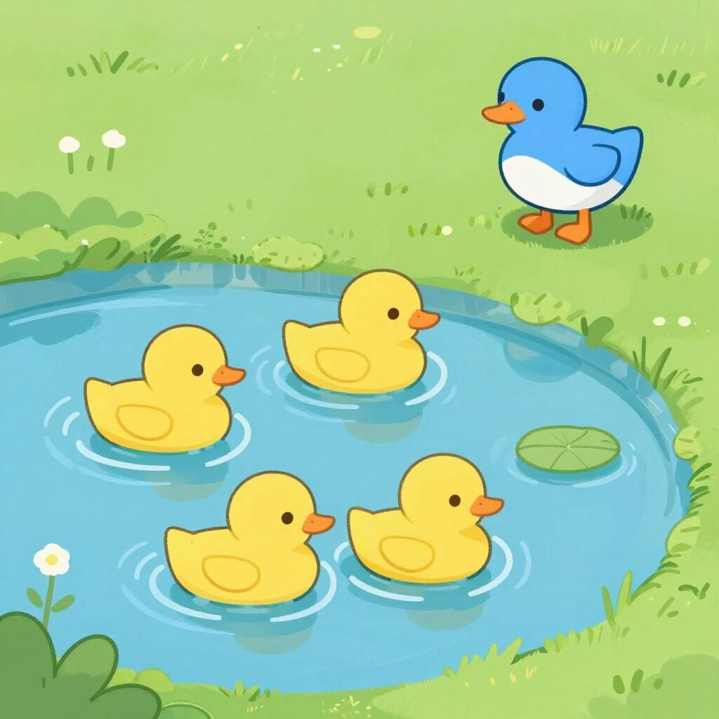 Eine Gruppe gelber Enten schwimmt zusammen in einem Teich, während eine blaue Ente allein auf dem Gras außerhalb des Teiches steht.