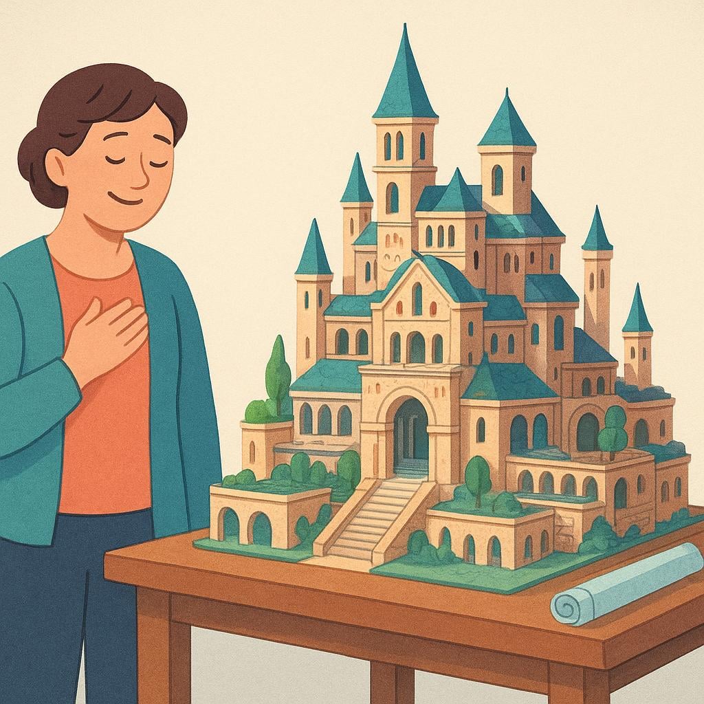 A person wiping sweat from their brow while proudly looking at a large, intricate, newly completed wooden sculpture, symbolizing a product resulting from great effort.