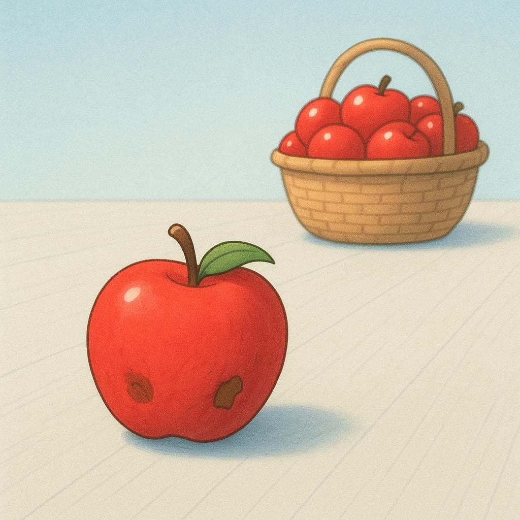 A single, slightly bruised red apple sitting alone on the ground, clearly separated from a nearby basket overflowing with perfect, shiny apples.
