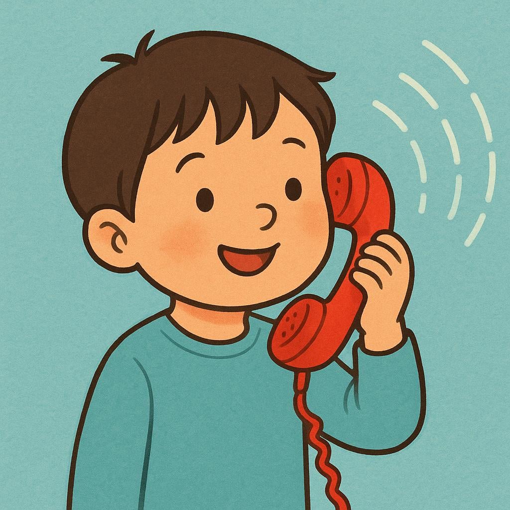A colorful storybook illustration showing a child smiling while holding a bright red telephone receiver to their ear, representing the act of calling someone.