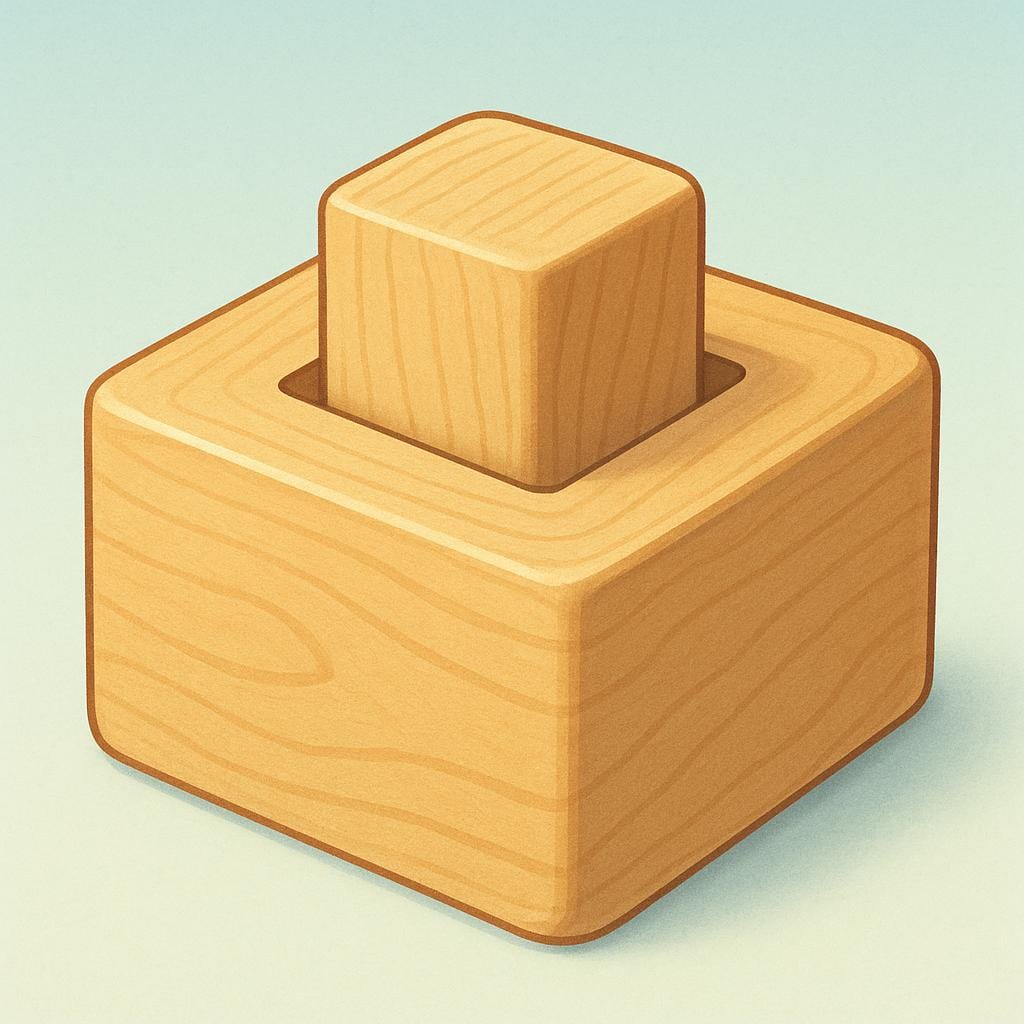 A simple wooden toy block with a square hole, and a matching square wooden peg that is perfectly inserted into the hole, demonstrating a task completed correctly.