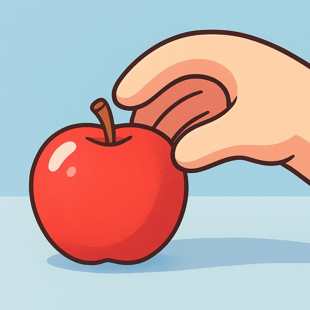 A cartoon hand reaching out and grasping a single, bright red apple resting on a flat surface.