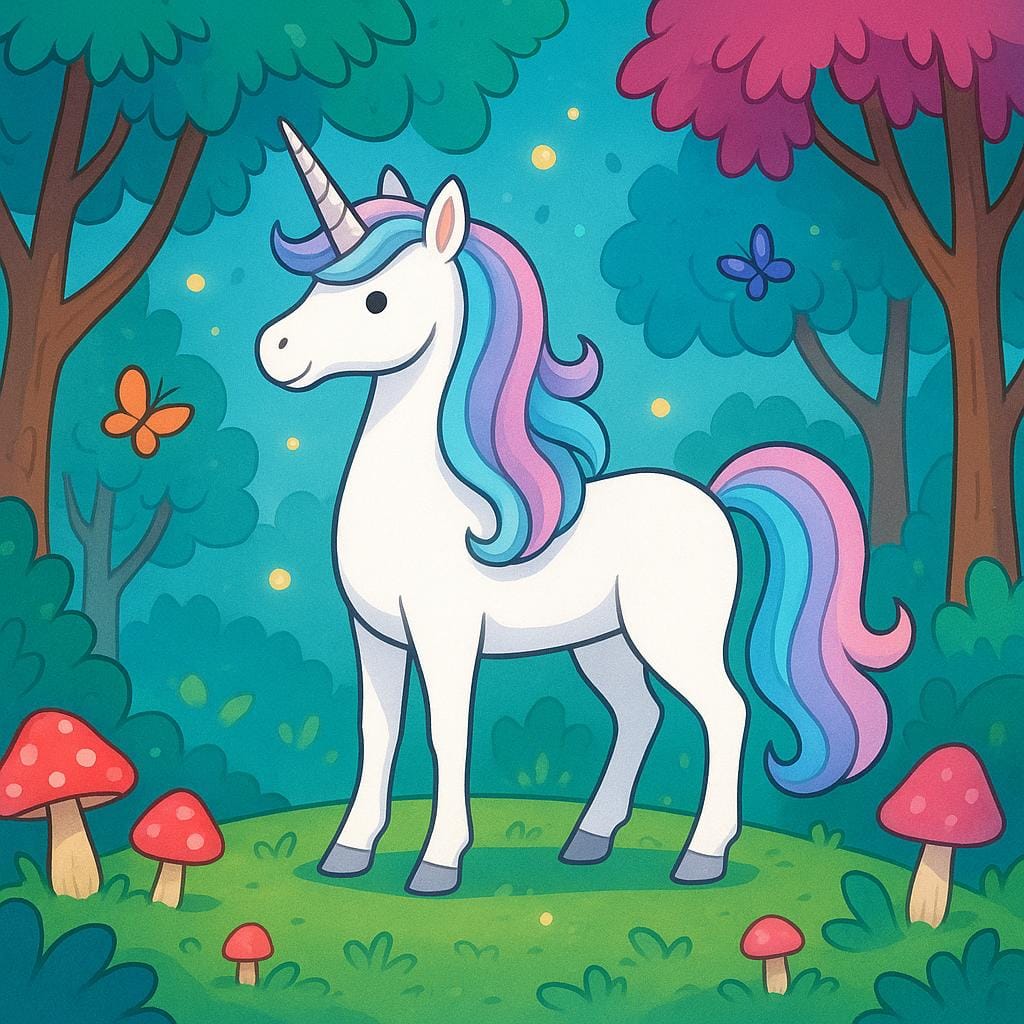 Une licorne blanche majestueuse avec une crinière arc-en-ciel se tient parmi des champignons bleus vibrants et lumineux dans une forêt enchantée et colorée.