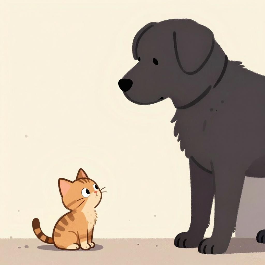 A small, fluffy kitten looking up at a very large, looming shadow of a big dog.