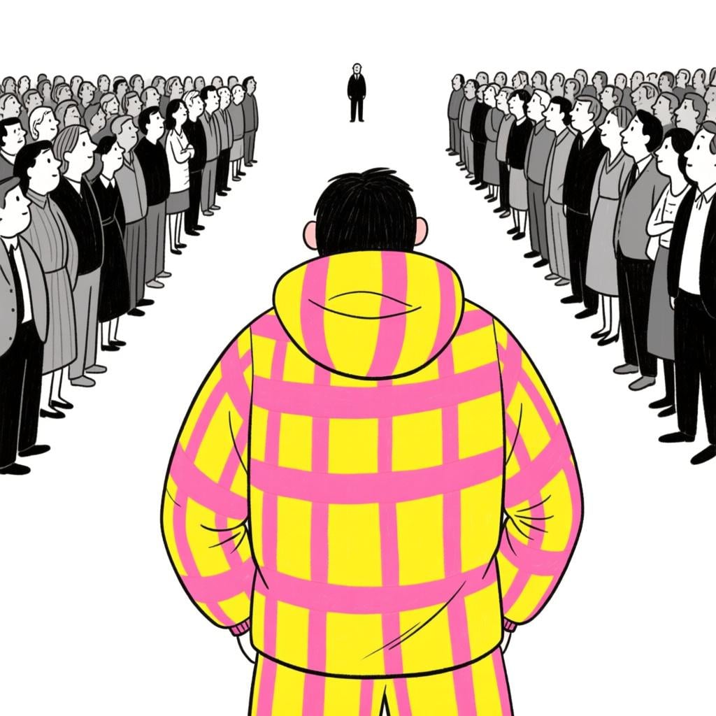 A brightly dressed figure standing out in a crowd, symbolizing attracting attention.