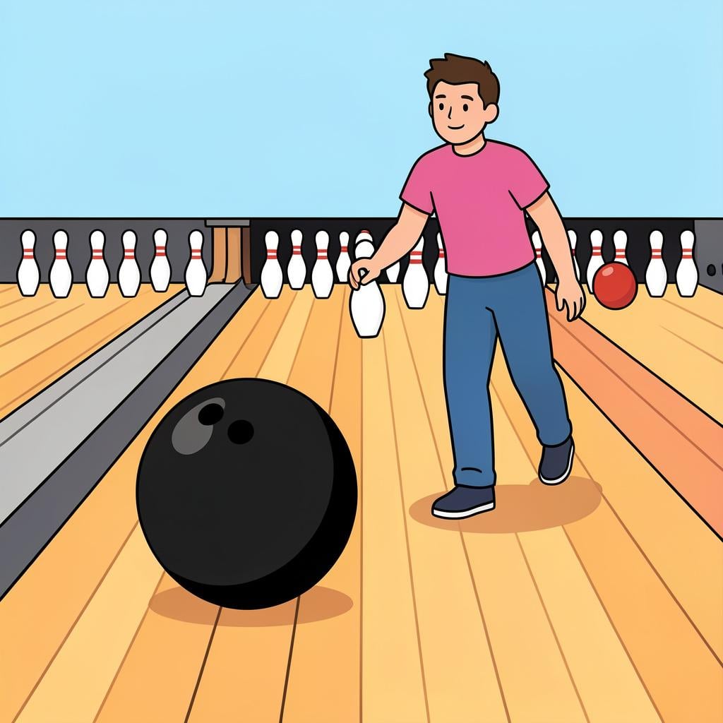A person rolling a heavy ball down a wooden lane towards a group of white pins.