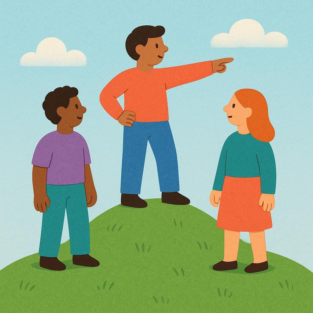 Three simplified human figures standing on a hill, with the central figure slightly elevated and pointing confidently forward, illustrating leadership.