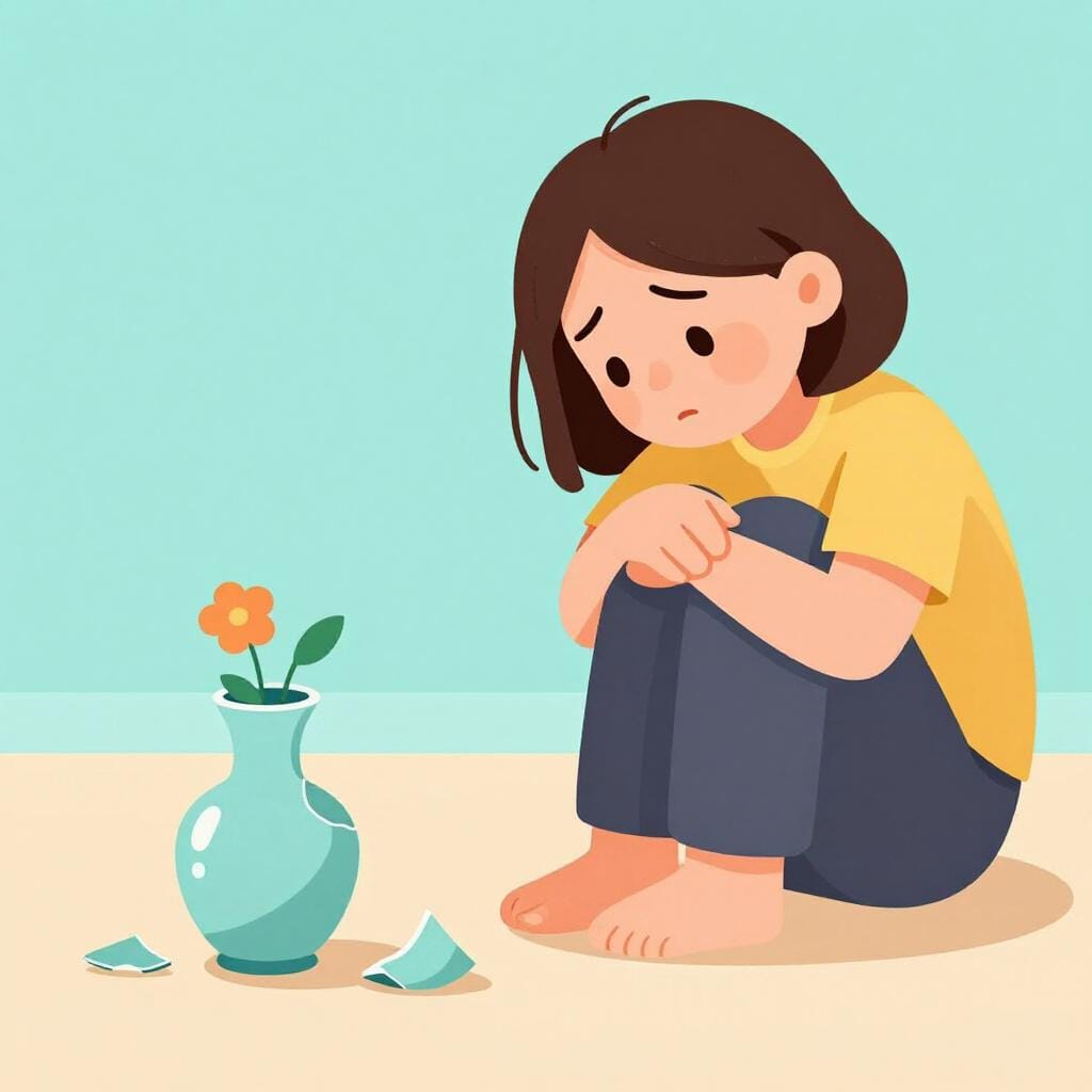 A person looking sadly at a broken ceramic vase on the floor, expressing regret for their action.