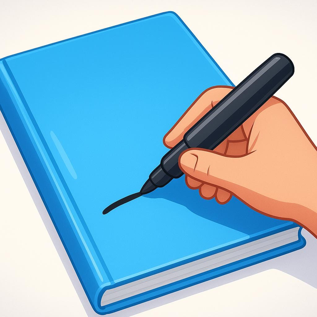 Una mano che tiene un pennarello nero spesso mentre firma la copertina lucida di un libro, indicando un autografo.