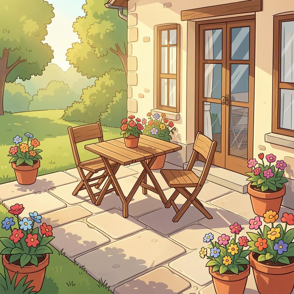 A sunny outdoor stone terrace with a small table, two chairs, and potted plants overlooking a garden.