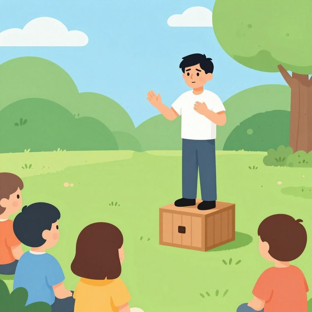 A person standing on a small wooden crate speaking to a group of people, gesturing with their hands.