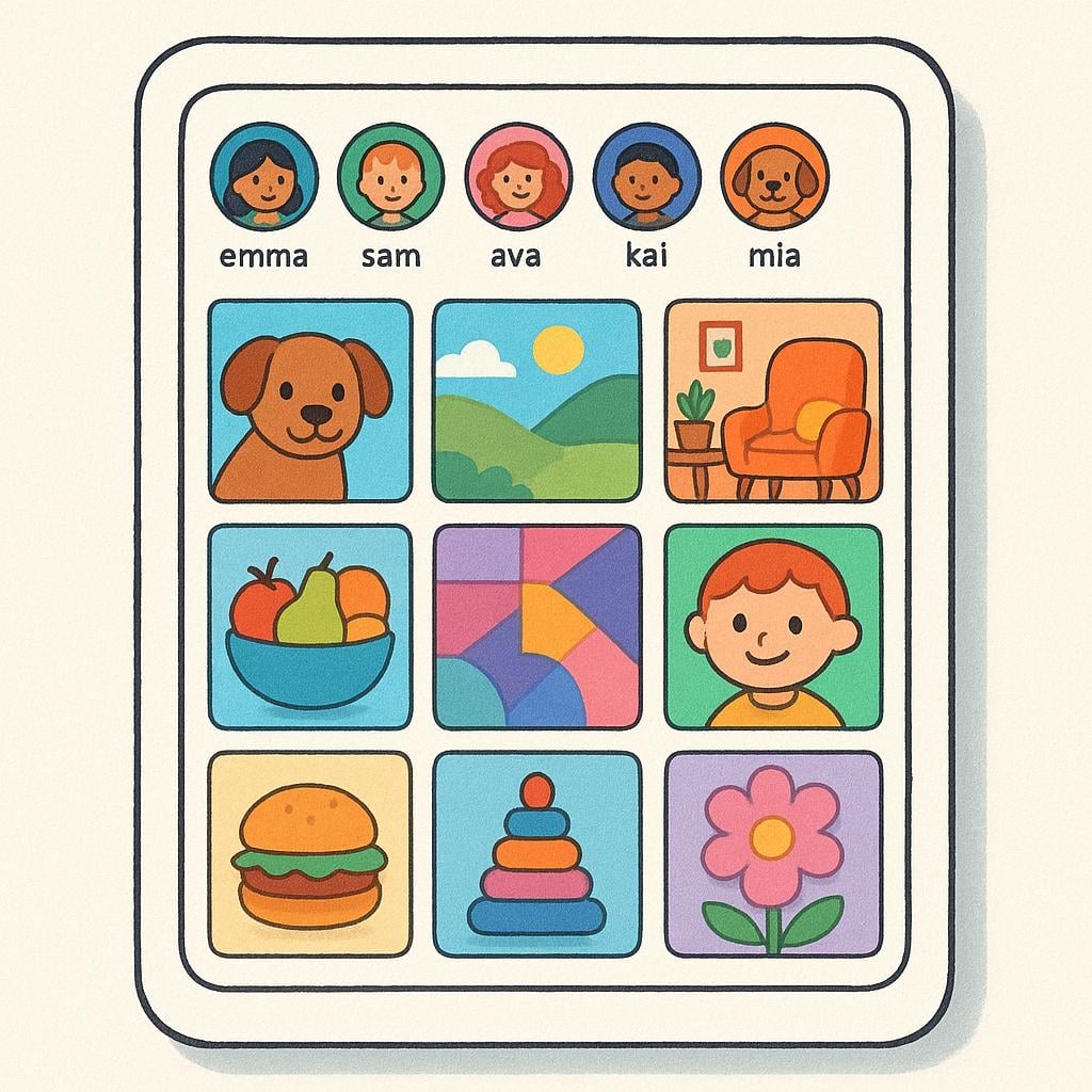 A digital interface featuring a grid of various colorful photos and user avatars.