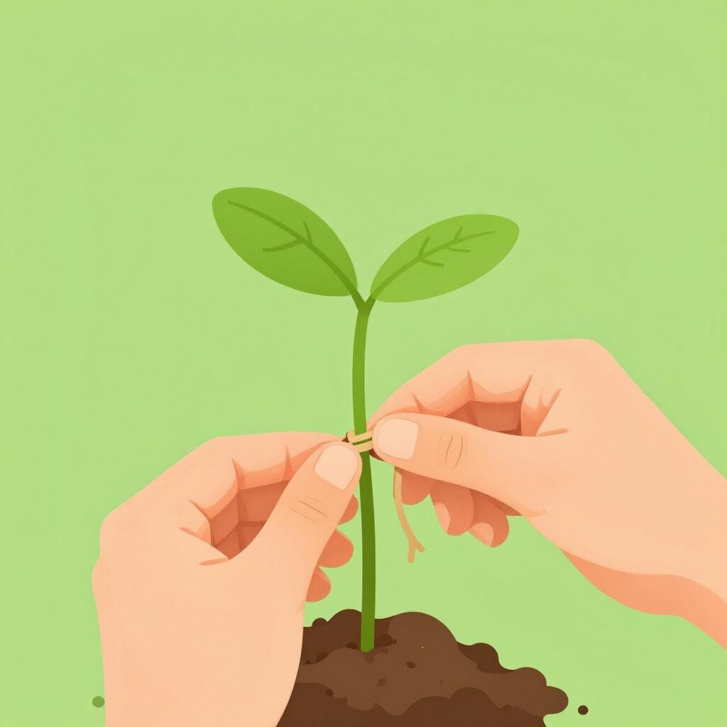 A person helping a small plant grow straight by tying it to a sturdy wooden stake.