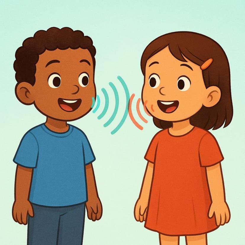 A colorful storybook illustration showing a boy and a girl standing together, both speaking simultaneously, with simple sound waves visible near their mouths.