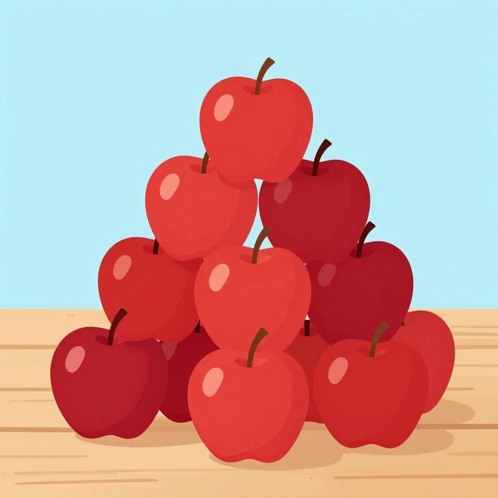 Seventeen bright red apples arranged in a neat pile on a wooden table.