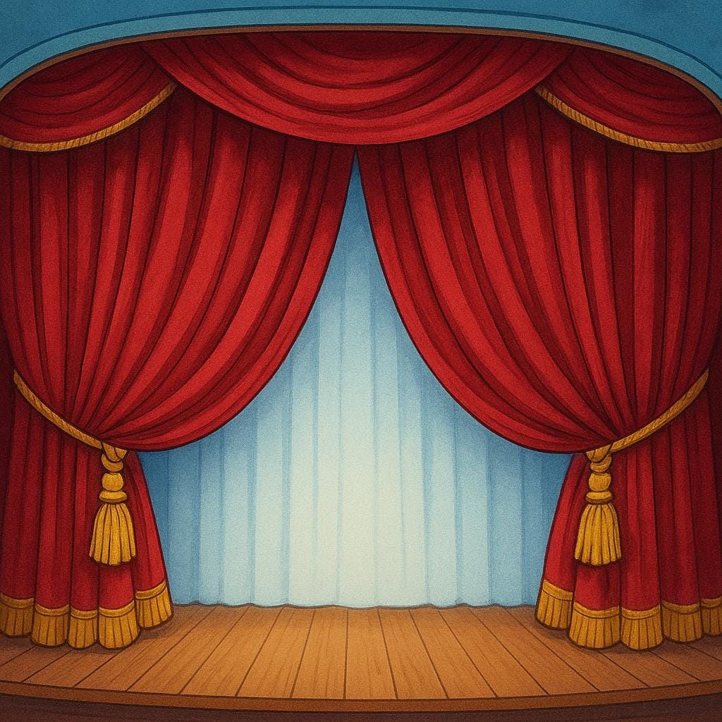 Red velvet theater curtains completely closed on a stage, symbolizing the conclusion of a performance.