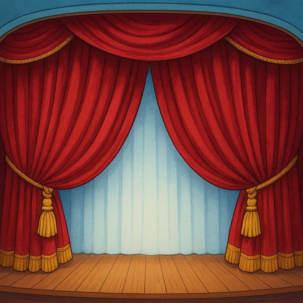 Red velvet theater curtains completely closed on a stage, symbolizing the conclusion of a performance.