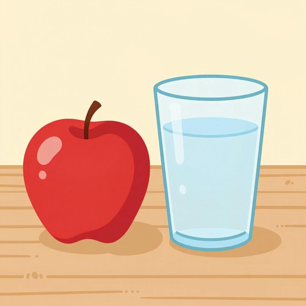 A colorful illustration of a fresh red apple and a glass of water on a clean table, representing a healthy lifestyle.