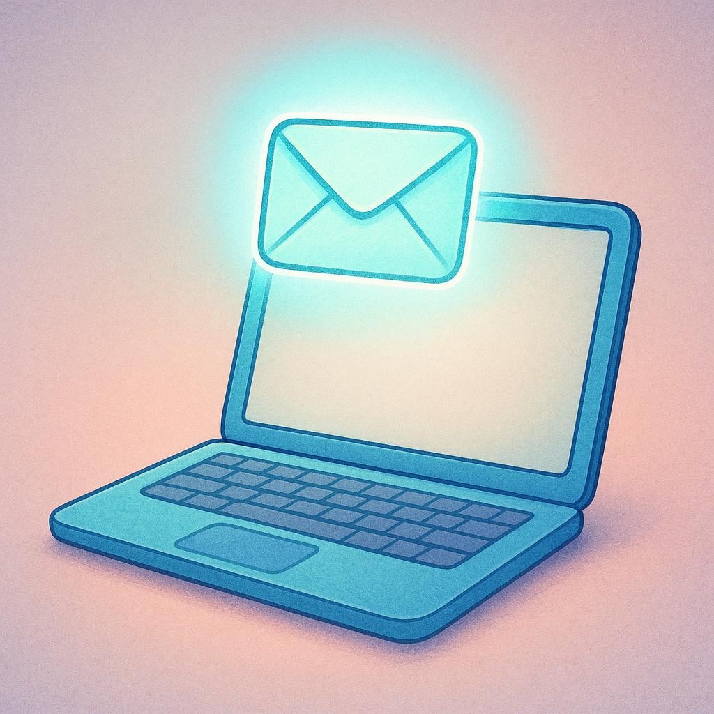 A glowing, stylized envelope icon floating above a simple laptop screen, symbolizing email.