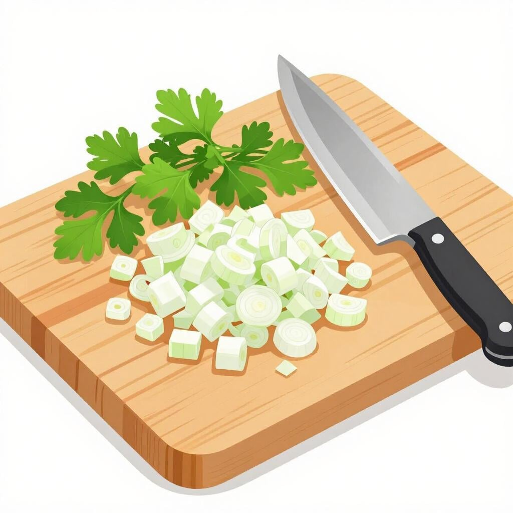 A pile of finely chopped white onions and green herbs on a cutting board.