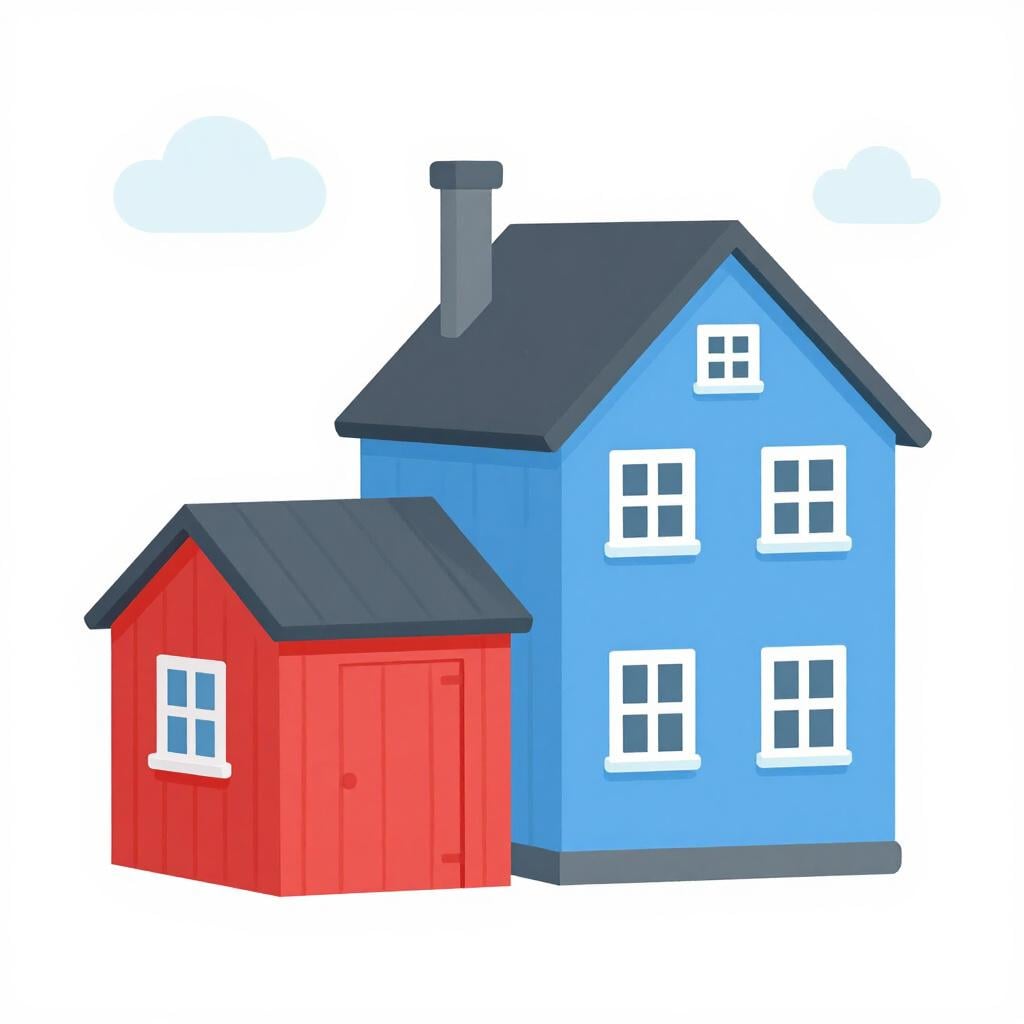 Um pequeno prédio vermelho fisicamente conectado a uma casa azul maior.