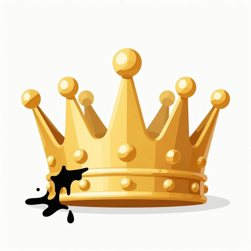 A shiny golden crown resting on a table with a splash of black ink covering part of it.