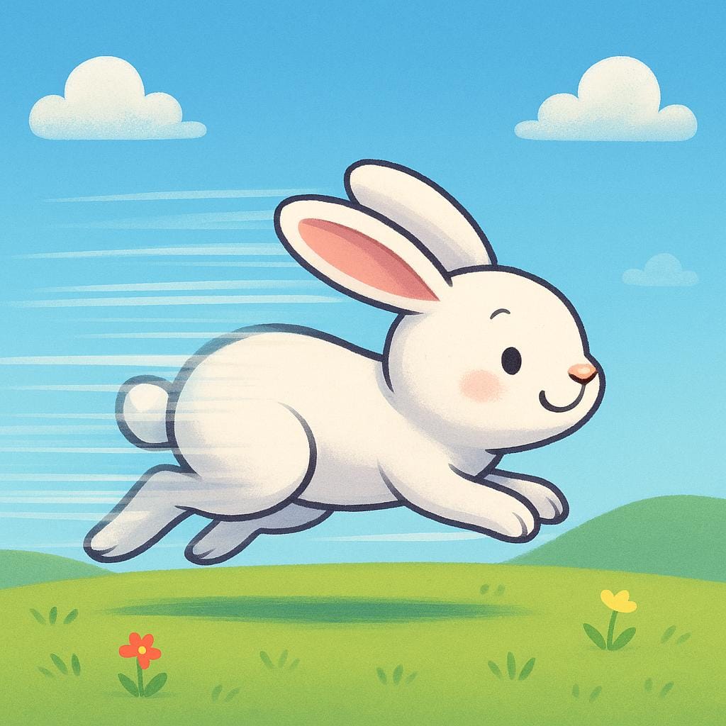A colorful storybook illustration showing a small, white cartoon rabbit running extremely fast across a green field. Strong motion streaks trail behind the rabbit, visually emphasizing high speed.