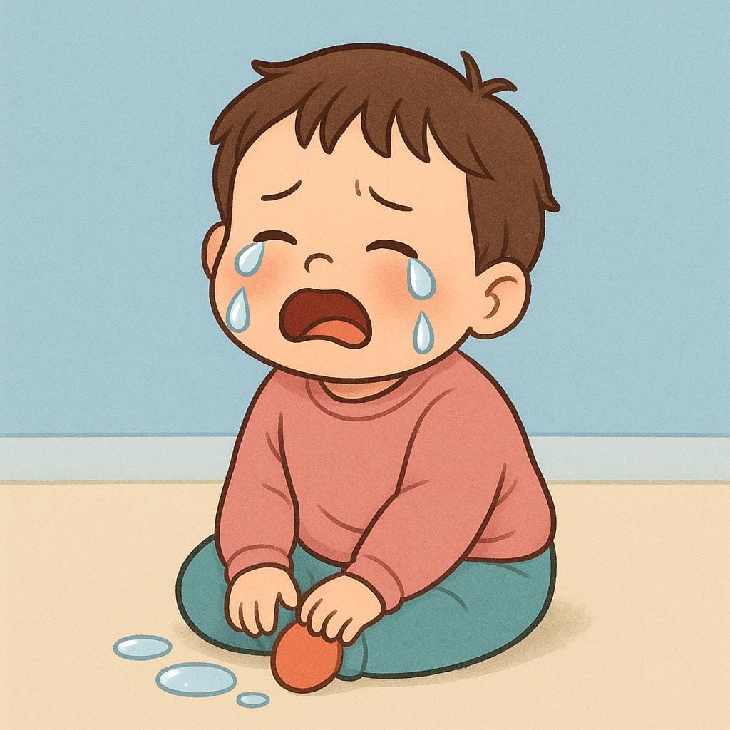 A young child sitting and crying, with large blue tears visibly rolling down their face.