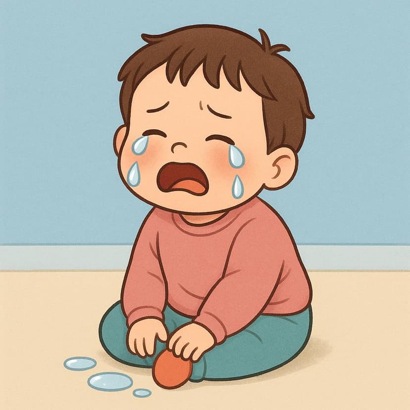 A young child sitting and crying, with large blue tears visibly rolling down their face.