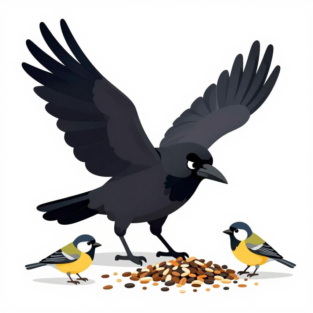 Un grande uccello arrabbiato che prende tutto il cibo da uccelli più piccoli e tristi.