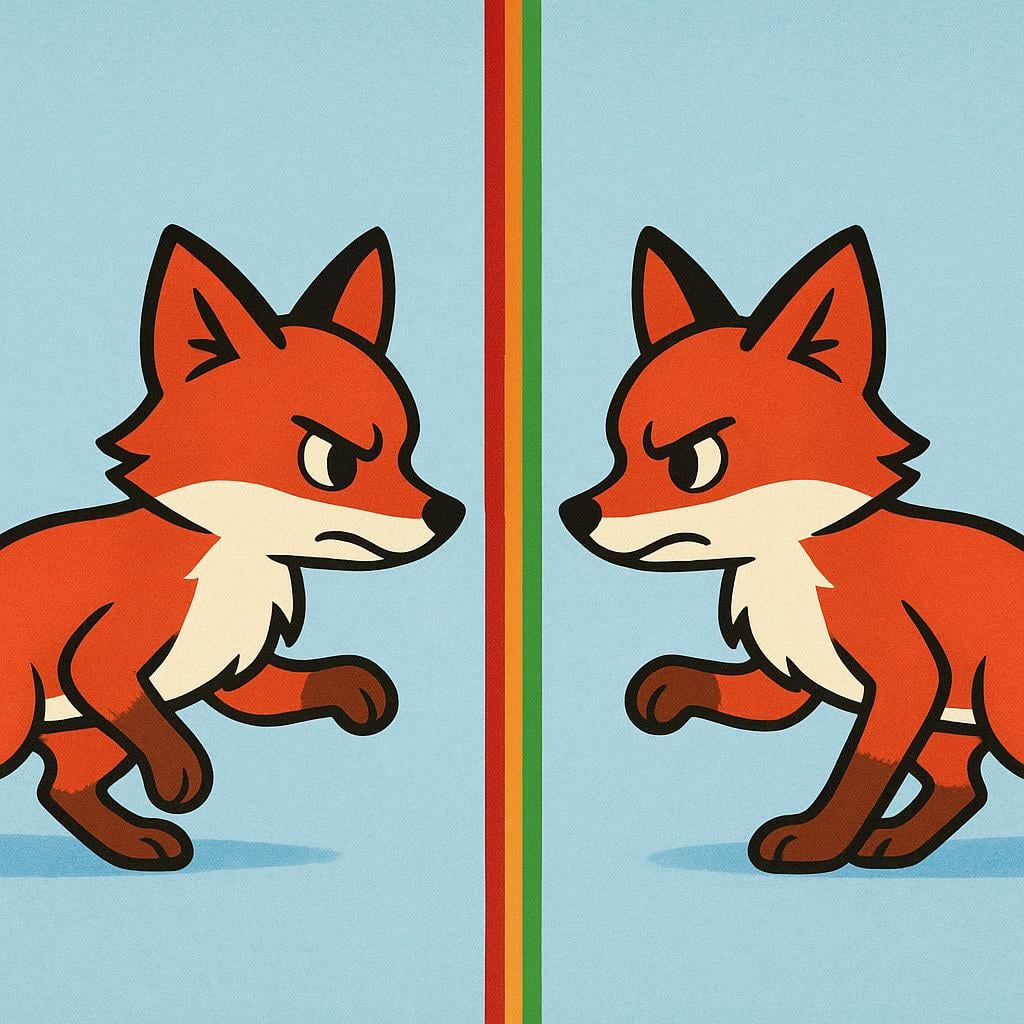 Two distinct figures, perhaps animals or stylized competitors, stand symmetrically, looking directly into each other's eyes across a dividing line, symbolizing a face-off.