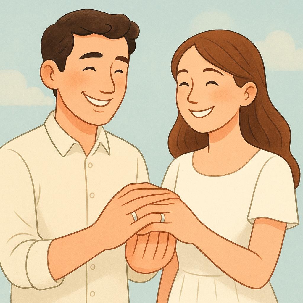 A colorful illustration showing a man and a woman smiling happily while holding hands, both wearing simple wedding rings visible on their hands.