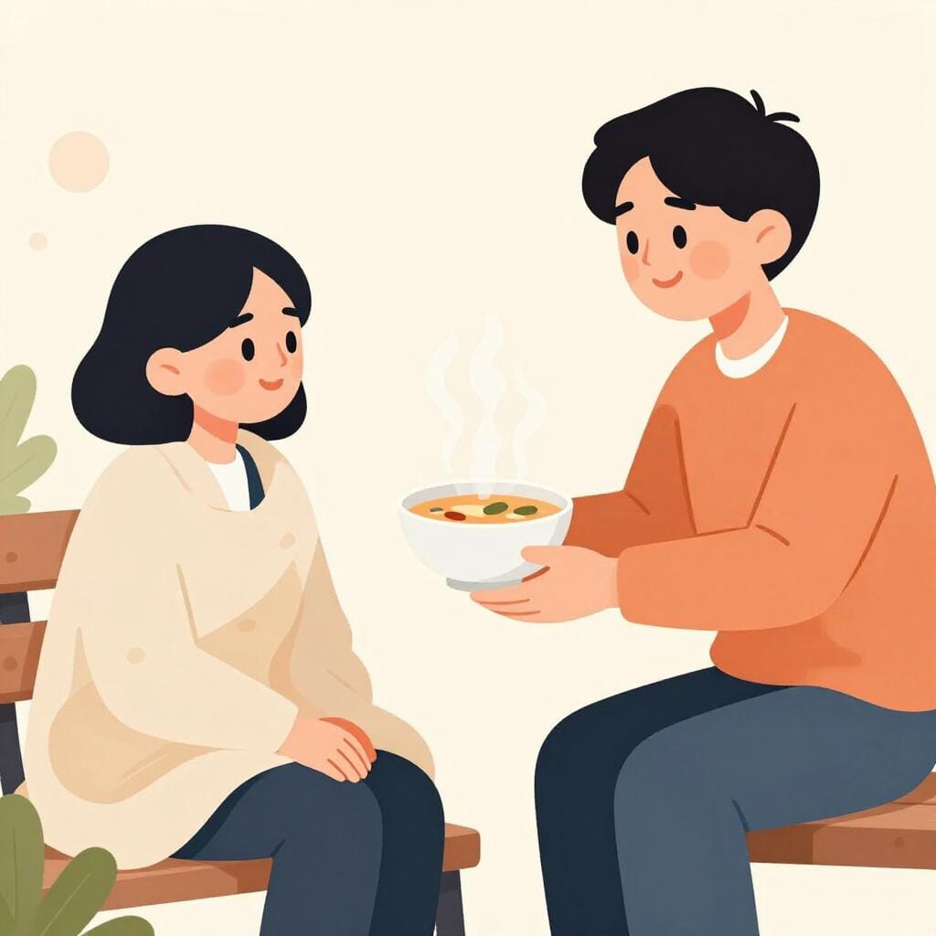 A kind person handing a warm bowl of soup to another person wrapped in a blanket.