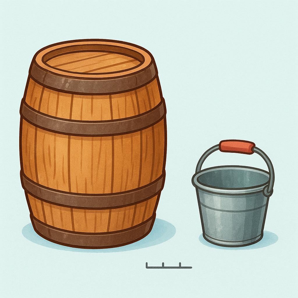 A perfectly uniform, standard-sized wooden barrel standing upright next to a much smaller, empty metal bucket, emphasizing the barrel's role as a unit of measure.