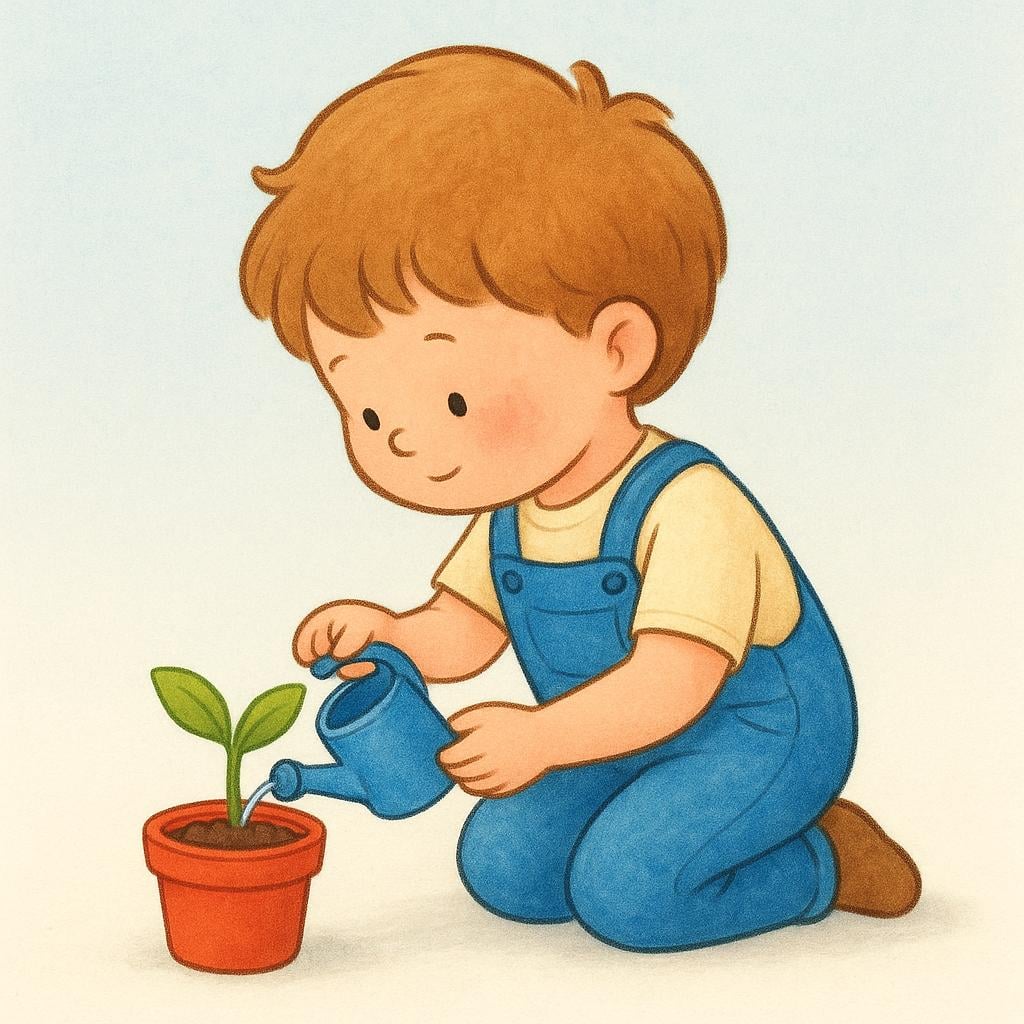 A small child kneeling next to a bright green seedling in a red pot, gently pouring water from a miniature blue watering can onto the soil, illustrating the action of nurturing.