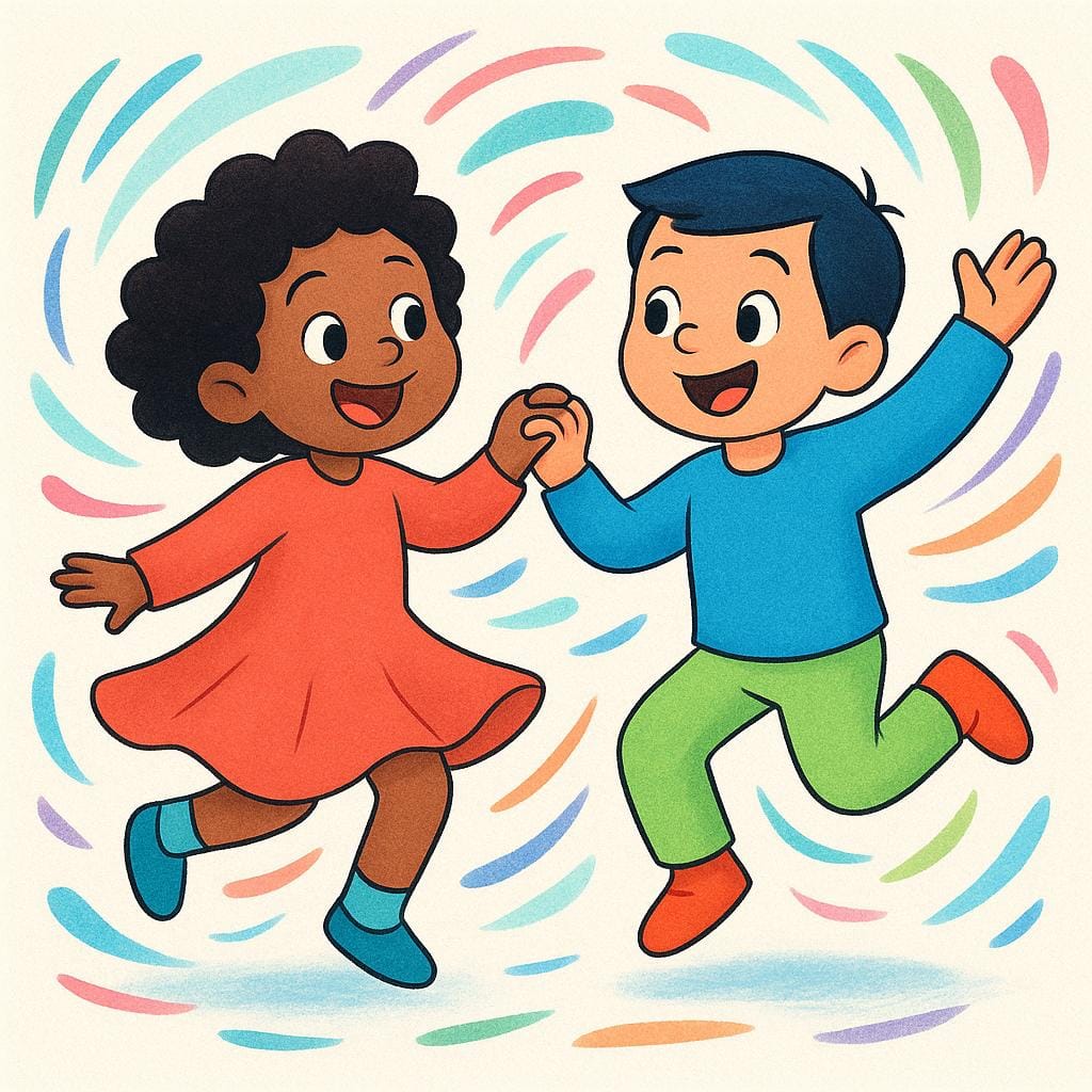 A colorful storybook illustration showing two simple cartoon figures dancing energetically together, with dynamic streaks of color indicating fast movement.
