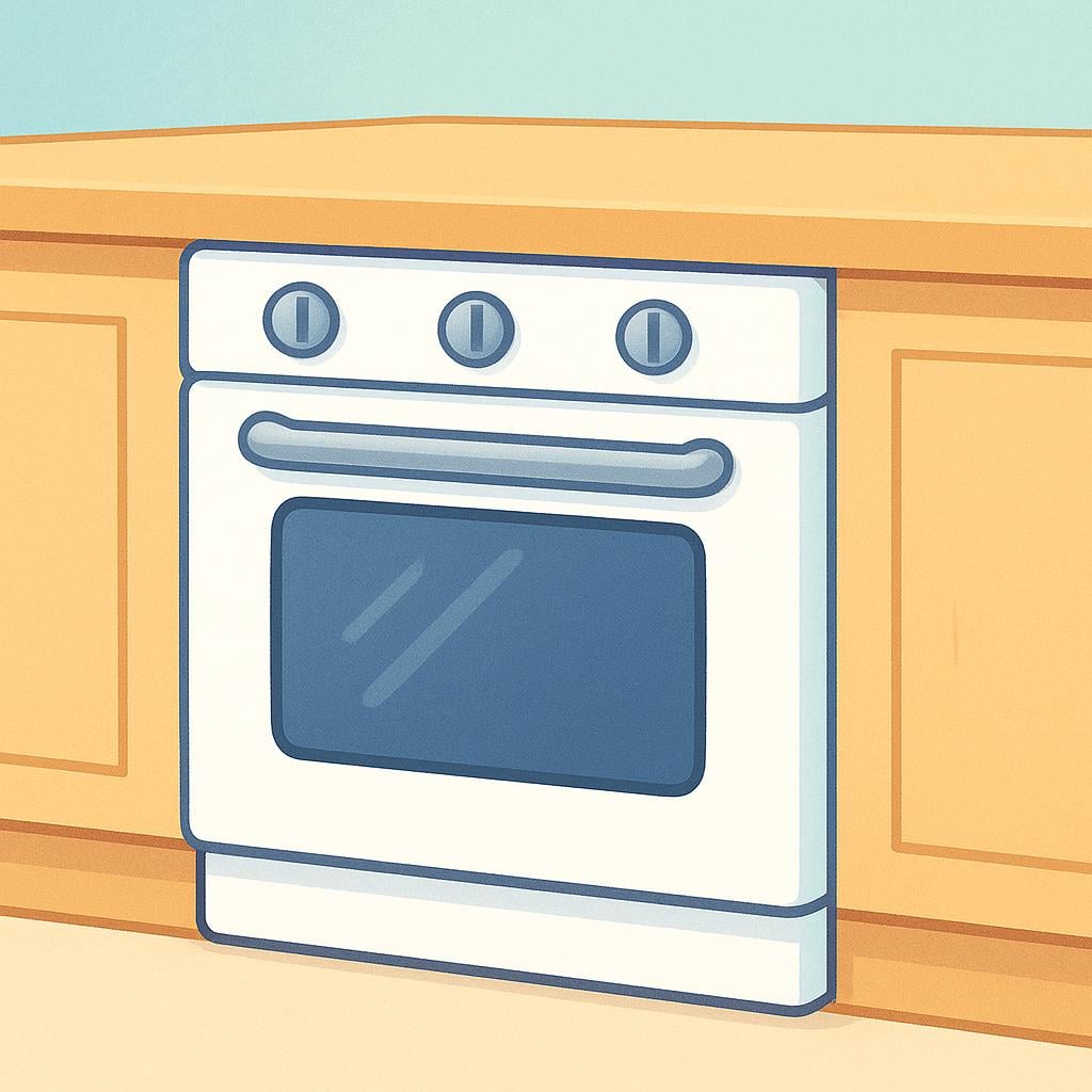 A clean, modern kitchen oven appliance with a closed glass door, integrated below a countertop.