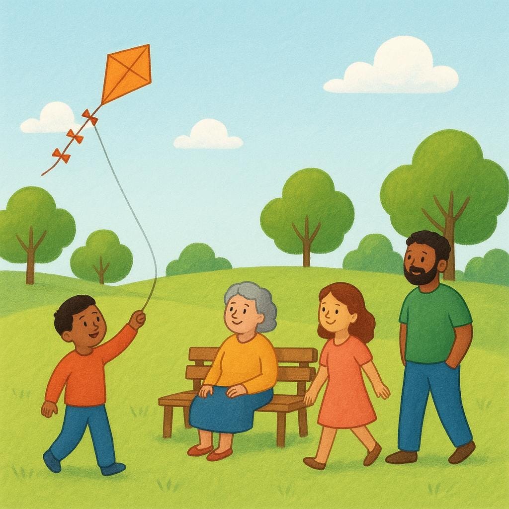 A wide, open, bright green field (a village green) bordered by friendly trees, where diverse people are enjoying the space, illustrating shared public resources.