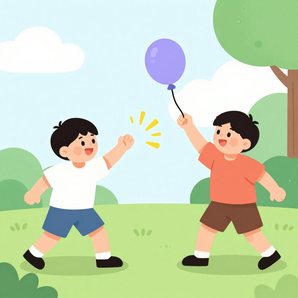 Een kind dat met een kleine waterballon wordt geraakt nadat het er een naar een vriend heeft gegooid.