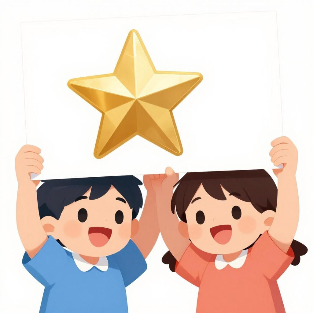 Two happy students holding up a paper with a large gold star on it.