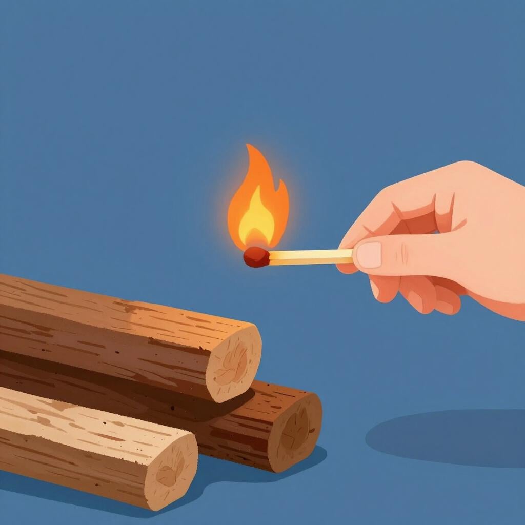 Ein Holzstreichholz, das an einem kleinen Haufen trockener Scheite reibt, um ein Lagerfeuer zu entfachen.